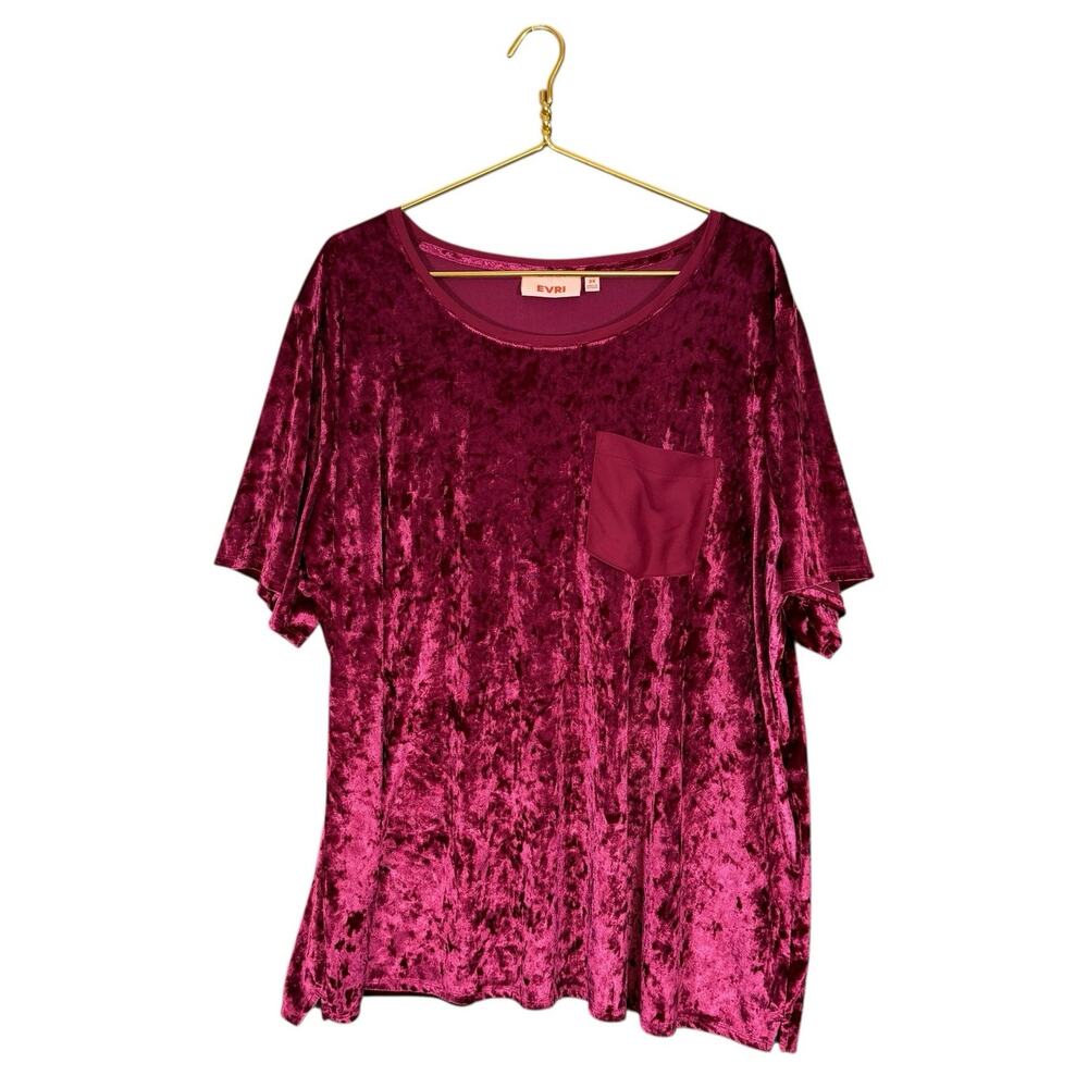 EVRI Wine Burgundy Crushed Velvet Tee Blouse 3X Sheer Pocket Whimsigoth Grunge